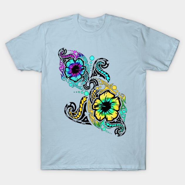 Blue and Yellow Hibiscus Flower Tribals T-Shirt by hybridgothica